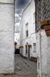 Calle blanca de Rota con macetas y fachadas tradicionales en el casco antiguo.
