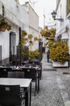 Terraza de restaurante en una calle blanca de Rota, con macetas y ambiente del casco histórico.