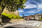 Avenida tranquila de Chaves con árboles, casas tradicionales y cielo luminoso en el norte de Portugal.