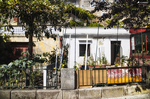 Terraza y fachada blanca en Chaves, con plantas, sombra de árboles y arquitectura tradicional portuguesa.