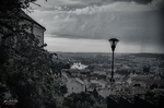 Vista panorámica de Praga en blanco y negro desde un mirador elevado.