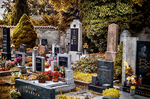 Cementerio de Kutná Hora con tumbas decoradas con flores de colores.