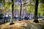 Parque arbolado de Brujas con hojas de otoño, bancos y edificios al fondo.