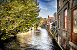 Canal estrecho de Brujas entre edificios antiguos y árboles junto al agua.