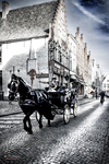 Fotografía en blanco y negro de carruaje de caballos en una calle histórica de Brujas.
