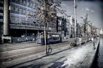 Calle de Ámsterdam con tranvía, asfalto mojado y arquitectura urbana en tonos grises.