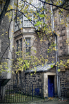 Edificio histórico de piedra entre árboles en una calle de Escocia.
