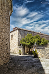 Rincón soleado de Pedraza con árbol y edificios de piedra.