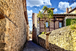 Callejón de Pedraza con muro de piedra, seto y casa al fondo.