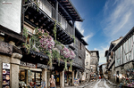 Calle comercial de La Alberca con balcones floridos y casas típicas serranas.