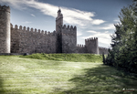 Muralla de Ávila vista desde una zona ajardinada bajo cielo nublado.