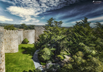 Jardín interior junto a un muro histórico de piedra en Ávila.