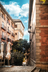 Rincón urbano con árbol, casas antiguas y pavimento de piedra en Toledo.