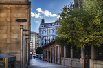 Calle del centro de León con edificios antiguos y arbolado.