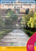 Cartel de jornada de sensibilización sobre el asentamiento chabolista El Vacie con paisaje urbano al fondo.