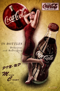 Cartel vintage inspirado en Coca-Cola con modelo femenina y botella clásica.