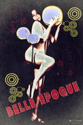 Cartel Belle Époque con figura femenina estilizada y grafismos circulares de colores.