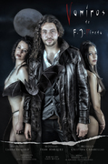 Cartel de fantasía oscura con tres personajes vestidos de negro.