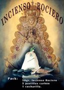 Cartel Incienso Rociero con imagen religiosa, ornamentación antigua y estética rociera.