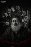Hombre sentado bajo fotografías, documentos y recuerdos suspendidos, en una escena de memoria fragmentada de la serie La Grieta de F. J. Pineda.