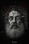 Retrato de un hombre con grietas y fragmentos alrededor de la cabeza, en una imagen psicológica de la serie La Grieta de F. J. Pineda.
