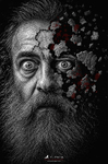 Retrato psicológico en blanco y negro de un hombre con el rostro fragmentado, perteneciente a la serie La Grieta de F. J. Pineda.