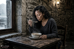 África toma sopa de un cuenco blanco en la mesa de una antigua taberna junto a la ventana.