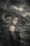 Oriana dentro del mar frente a una enorme criatura marina en una escena de fantasía de la serie Mare Incognitum.