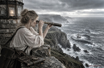 Oriana observa el océano con un catalejo desde un acantilado bajo un cielo de tormenta.