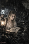 Oriana consulta un antiguo libro de monstruos marinos iluminado por una lámpara dentro de una cueva.