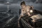 Oriana navega de noche en una pequeña barca mientras una enorme criatura marina pasa junto a ella.