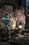 Oriana contempla un antiguo globo terráqueo abierto cuyo interior contiene un océano y una criatura marina.