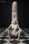 Composición surreal con una gran dedo en primer plano sobre un suelo ajedrezado, junto a una pequeña figura humana.