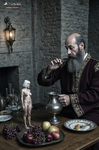 Hombre barbado sentado a la mesa con comida y fruta delante, en una escena de laboratorio doméstico y aire antiguo.