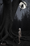 Pequeña figura humana bajo un gran árbol frente a una luna llena, en una escena nocturna de aire fantástico.