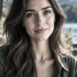 Retrato de mujer adulta sentada junto a un lago en plena naturaleza