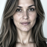 Retrato de mujer adulta morena en estudió modelo de F. J. Pineda