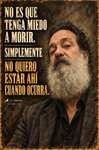 Primer plano de F. J. Pineda con ropa oscura y barba larga, acompañado de letras crema y ámbar sobre fondo marrón.