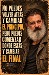 Retrato de F. J. Pineda con chaqueta marrón y una frase sobre comenzar desde donde estás para cambiar el final.
